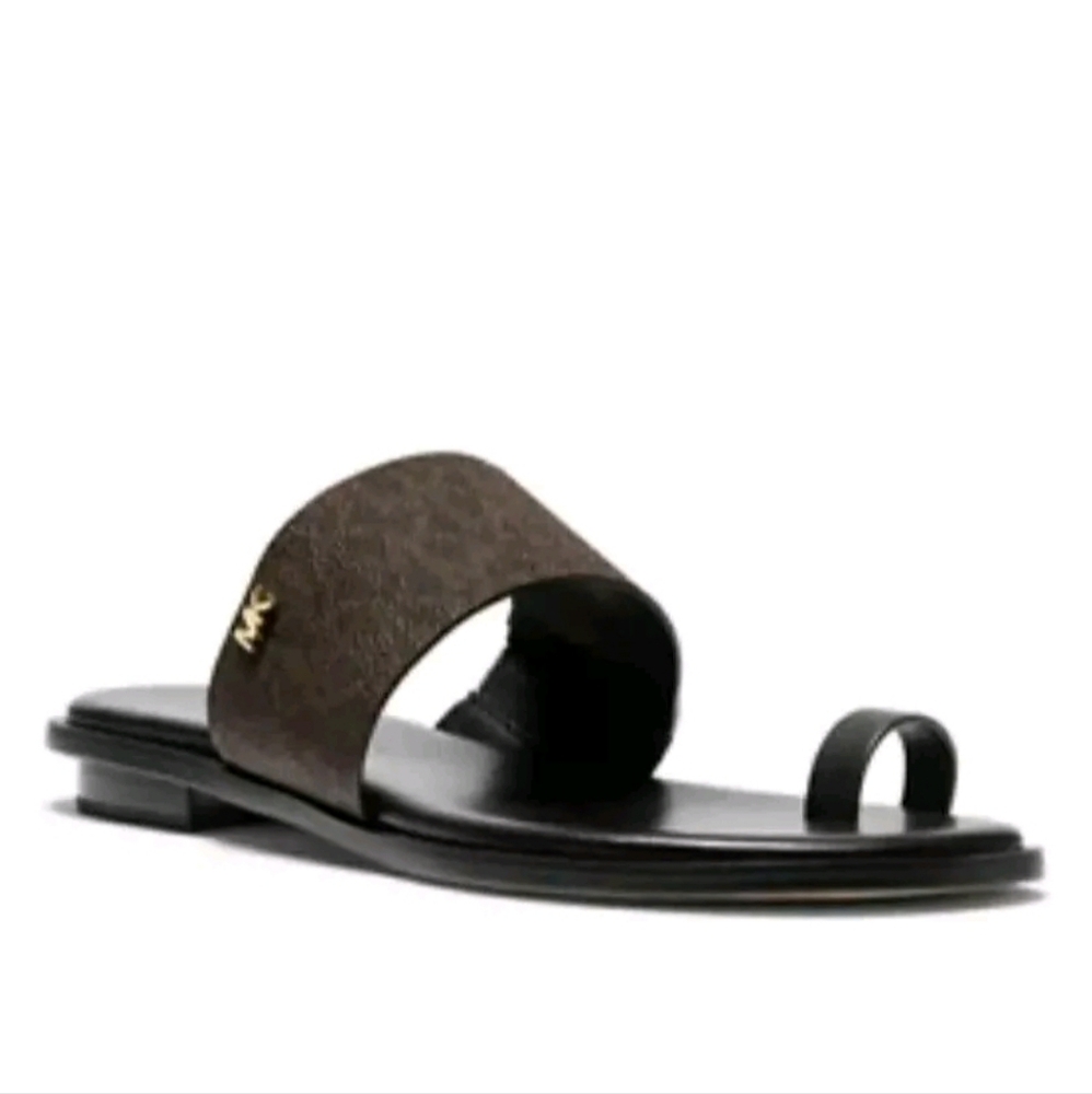 Michael Kors August Flat Sandal Brown/Black Leather - Size 9